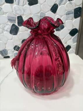 Vintage Pilgrim Art Glass Cranberry Ribbed Sack Vase with Cord, Signed P. Caldwe